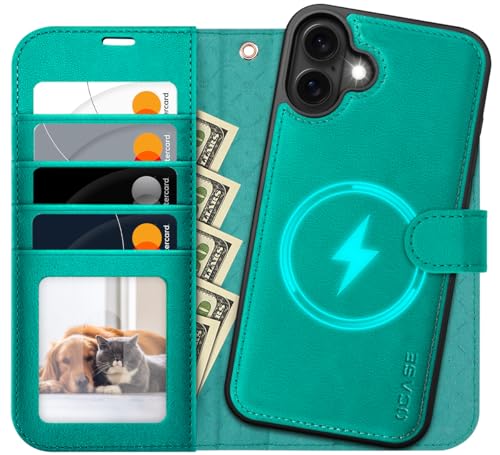 OCASE iPhone 16 Plus Hülle(2in1) Leder Stoßfestes Case, Abnehmbare magnetische Hülle, MitHandschlaufe, Kabelloses Laden, Kartenfach, Standfunktion, Handyh RFID Schutzh Klapphülle Blau-grün von OCASE