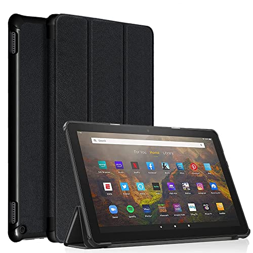 ODQQDO Fire HD 10 Tablet Hülle (11. Gen, 2021), Nicht für Sonlaryin Dreifach Faltbarer Vorderseite aus Leder und Weich TPU Rückseite für Fire HD 10 Kids Pro Tablet, Auto Schlaf/Aufwach(Black) von ODQQDO