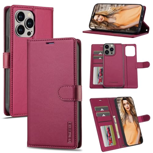 Filp Case-Telefonhalter Abnehmbare Hülle Kompatibel mit iPhone 15 Pro Brieftaschenhülle mit Kartenhalter Premium PU-Leder Magnethülle mit Ständer Stoßfeste Handschlaufe Abnehmbare Flip-Schutzhülle(Red von OEJROSKJ