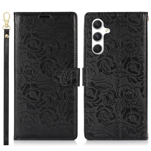 Filp Case-Telefonhalter Kompatibel mit Samsung Galaxy A14 4G/5G Brieftaschen-Hülle, PU-Leder, magnetisches Flip-Folio-Gehäuse mit Kartenhaltern, Ständer und Trageband, stoßfeste TPU-Innenschale(Black) von OEJROSKJ