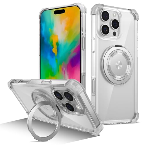 Handyhülle hinten Kompatibel mit iPhone 16 Pro Hülle, kristallklar, um 360° drehbar, mit magnetischem Ringständer, [vergilbt nicht], [erhöhter Kamerarahmen], stoßfeste Handyhülle(Transparent) von OEJROSKJ