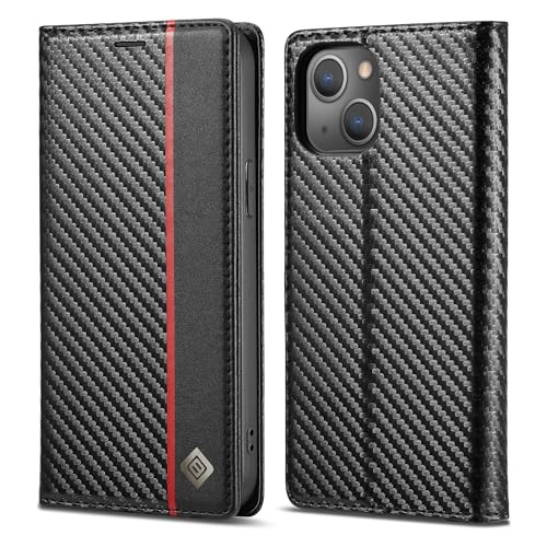 OEJROSKJ Handyhülle hinten Compatible with iPhone 14 Case with Card Holder,Carbon Fiber Texture Design Leather Hybrid PU Case Stand Function Magnetic Clasp Cover Compatible for iPhone 14 von OEJROSKJ