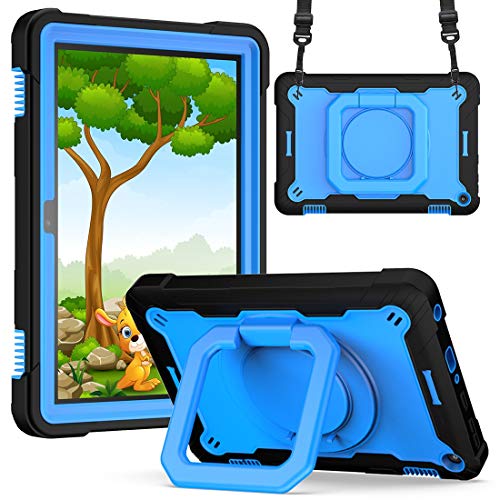 Tablet PC Tasche, Hülle Case Compatible with New Fire HD 8.0 2020 DREI-in-One-Hochleistungs-Stoßdämpfer robust, staubfest 360 Grad rotierender Multifunktions-Ring-Griffhalterung(Black+Blue) von OEJROSKJ