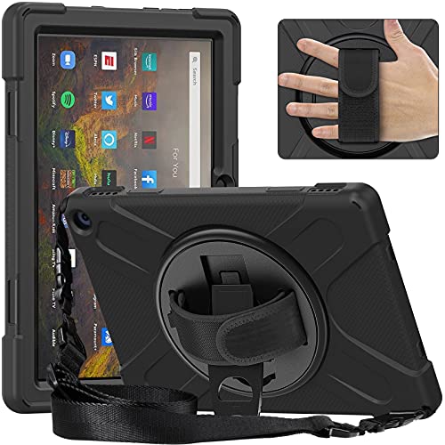 Tablet PC Tasche, Hülle Tablet-Fall Compatible with Kindle-Feuer HD10 2021, Kinder Ganzkörper-Stoßfest-Tablettenabdeckung mit Handgurt/Schultergurt rotierender Kickstand(Black) von OEJROSKJ