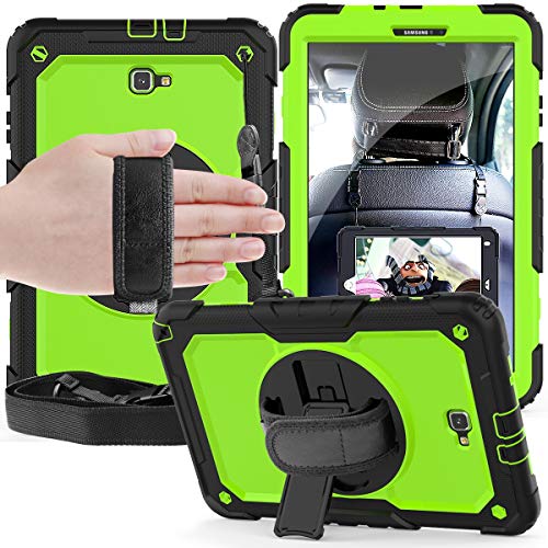 Tablet PC Tasche, Hülle Schutzabdeckung Compatible with Samsung Galaxy Tab A 10.1 / T580 Dreischichtige Stoßdämpfer, 360 Grad Schwenkständer & Handstrap & Schultergurt PC + Silikon Schutzhülle(Black+L von OEJROSKJ