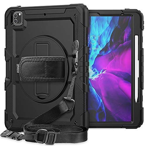 Tablet PC Tasche, Hülle Schutzabdeckung Compatible with iPad Pro 12,9 Zoll 2020 Three-Layer Stoßfest, 360 Grad Schwenkständer & Handstrap & Schultergurt PC + Silikon Schutzhülle(All Black) von OEJROSKJ