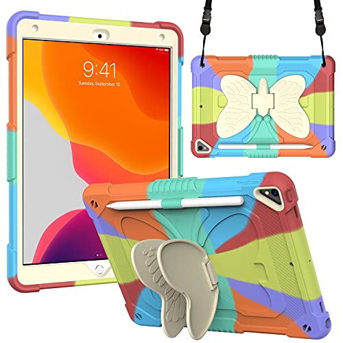 Tablet PC Tasche, Hülle Tablet-Hülle Compatible with iPad 10.2 2019/2020, niedliche Schmetterlingsform Compatible with Kinder Schutzhülle, stoßfestes Kinderkasten mit Kickstand Schultergurt(Colourful von OEJROSKJ