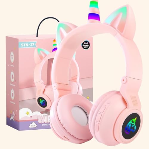 OHAANYY Kabellose Kopfhörer für Kinder,kopfhörer Bluetooth Einhorn faltbar,Mädchen mit Kabel und Mikrofon Kopfhörer Kinder mit LED-licht Stereo Kopfhörer für Handy/Tablet/PC (pink) von OHAANYY