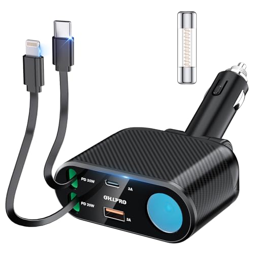 OHLPRO Einziehbares Autoladegerät 5 in1, 100W USB C Handy Schnellladegerät Zigarettenanzünder Stecker Adapter mit 90cm Retractable Ladekabel und 2 USB-Ports Charger für iPhone 16 15 14 Pro,Max, iPad von OHLPRO