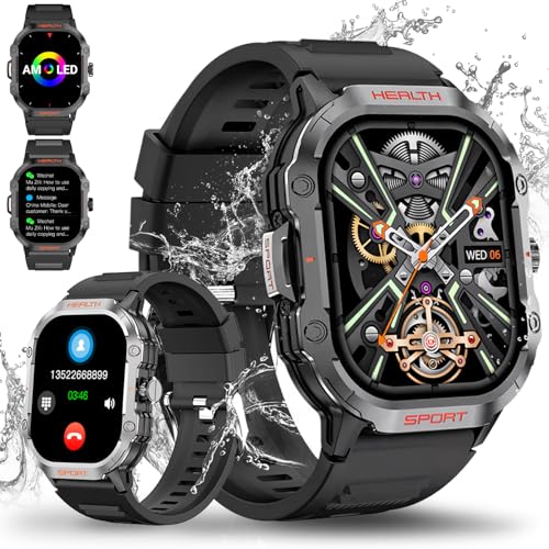 OHUGNA Intelligente Uhr für Männer, 2,01“ HD-Bluetooth-Wahl und Anrufbeantwortung Taktische robuste Militär-Smartwatch, wasserdichte Outdoor-Sport-Fitness-Tracker mit Herzfrequenz, Schlafüberwachung von OHUGNA