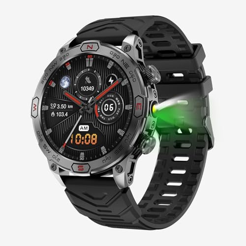 OHUGNA Military Smart Watch mit LED-Taschenlampe, Bluetooth Anrufe tätigen/beantworten, 1,43“ HD Outdoor Tactical Rugged Smartwatch, Sport Fitness Tracker Uhr mit Gesundheitsmonitor, Schlafmonitor von OHUGNA