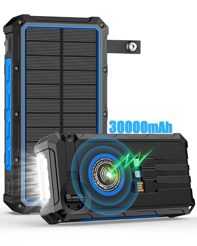 Solar Powerbank 30000mAh mit Handkurbel & Kabel, Wireless Power Bank Outdoor wasserdichtes Solarzelle 15W Schnellladung 6 Ausgänge 4 Eingänge, Taschenlampe, Solarladegerät für Handy von OIMYE