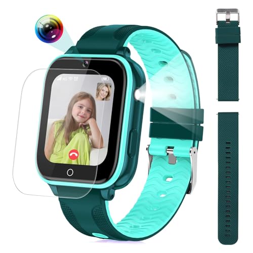 Fashion 4G Smartwatch Kinder mit Telefonfunktion, Smart Watch Kinder Phone mit 1.69" Großer Touchscreen 4G WiFi Videoanruf Gesichtserkennung SOS Anti-Lost für Jungen Mädchen (Grün+Ersatzarmband) von OKYUK