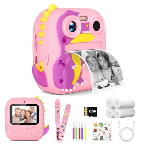 Kinderkamera Sofortbildkamera,Kinderkamera HD 1080P mit 4 Rollen Druckpapier&32G SD Karte，Lanyards and Bracelets, 2.4 Inch Screen Dual-Objektiv Kinder Kamera Selfie Digitalkamera (Rosa Dinosaurier) von OKYUK