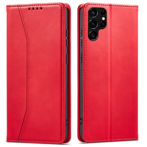 OKZone Kompatibel mit Samsung Galaxy S22 Ultra Hülle, Magnet Leder Tasche Handyhülle, Kartenfächer Galaxy S22 Ultra Schutzhülle, [Premium PU Leder] Flip Klappbare Magnetische Standfunktion (Rot) von OKZone