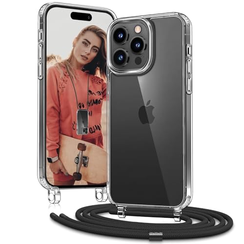 OLEPHY Handykette für iPhone 15 Pro Max Hülle mit Band - Necklace Handyhülle mit Schnur - Transparente Case zum Umhängen mit Verstellbarem und Demontage Umhängeband - Schwarz von OLEPHY