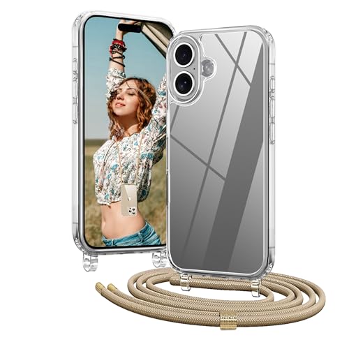 OLEPHY Handykette für iPhone 16 Hülle mit Band, Necklace Handyhülle, Transparente Schutzhülle zum Umhängen [Verstellbarem und Demontage Umhängeband], Golden von OLEPHY