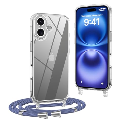 OLEPHY Handykette kompatibel mit iPhone 16 Plus Hülle mit Band (6,7 Zoll), Handyhülle mit Verstellbarem und Demontage Umhängeband, Transparent Stoßfeste Schutzhülle zum Umhängen Kordel, Blau von OLEPHY