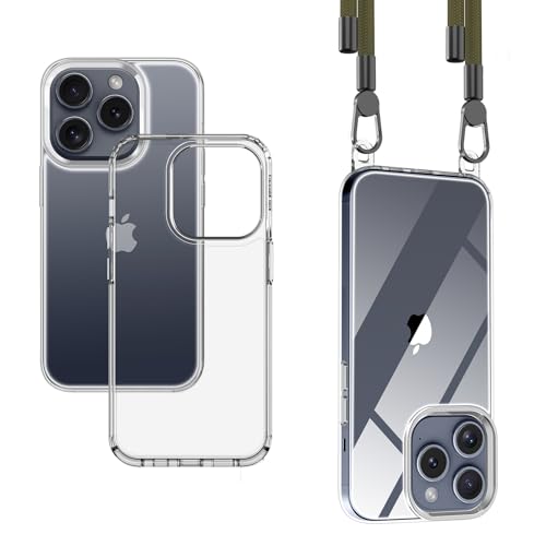 OLEPHY [Upgraded Die Premium Handykette für Apple iPhone 15 Pro Max Hülle mit Band | Transparente Handyhülle mit hochwertiger Abnehmbarer Kordel zum Umhängen - Smartphone Necklace [Armeegrün] von OLEPHY