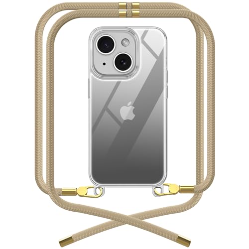 OLEPHY [Upgraded Premium Handykette für Apple iPhone 15 Hülle mit Band | Transparente Handyhülle mit hochwertiger Abnehmbarer Kordel zum Umhängen - Smartphone Necklace [Golden] von OLEPHY