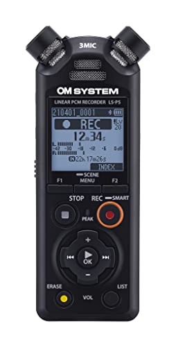 OM SYSTEM LS-P5 Hi-Res Audiorekorder mit TRESMIC II 3-Mikrofonsystem, breite Richtungssteuerung, integriertes Bluetooth für Kopfhörerüberwachung und Smartphone-Steuerung, 16 GB Speicher, 37h Laufzeit von OM SYSTEM