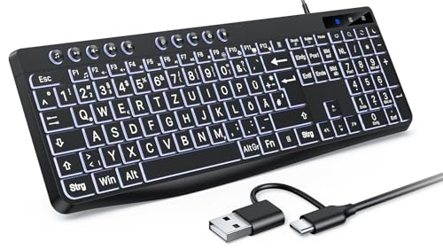 OMOTON Beleuchtete Tastatur Kabel PC Tastatur, QWERTZ Weiß Beleuchtet mit großem Druck, 2 in 1 USB A/C- Für Senioren, Kinder, Sehbehinderte für Windows mit Multimedia-Tasten(Schwarz) von OMOTON