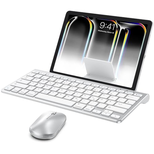 OMOTON Bluetooth Tastatur Maus Set für iPad Pro 13/12.9/11/10.5, Tastatur iPad 10.9/10.2/9.7, ipad air 6/5/4/3, iPad Mini und iPhone, QWERTZ Layout Tastatur iPad mit Ständer, iPad Keyboard, Silber von OMOTON