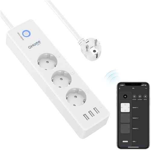 Intelligente Steckdosenleiste, WLAN, 3 Steckdosen 16 A und 3 USB, Messung des Stromverbrauchs, kompatibel mit Alexa und Google Home, Timer-Funktion, 1,5 m, 2,4 GHz von GHome Smart