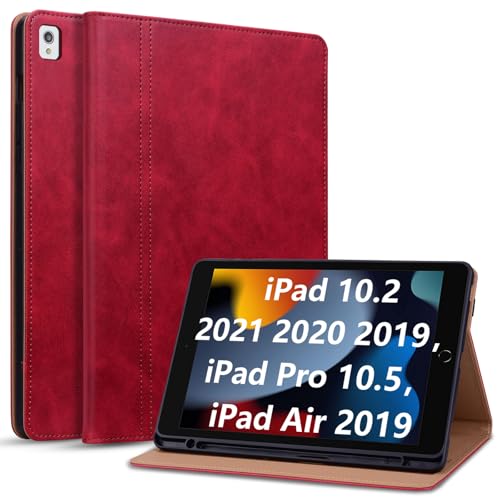 ONETHEFUL Hülle für iPad 9./8./7. Generation 10.2 Zoll Schutzhülle mit Stifthalter Ständer Kartenfächer, Kompatibel iPad 10,2 (2021/2020/2019)/iPad Air 3/iPad Pro 10.5 Auto Schlaf/Wach Rot von ONETHEFUL