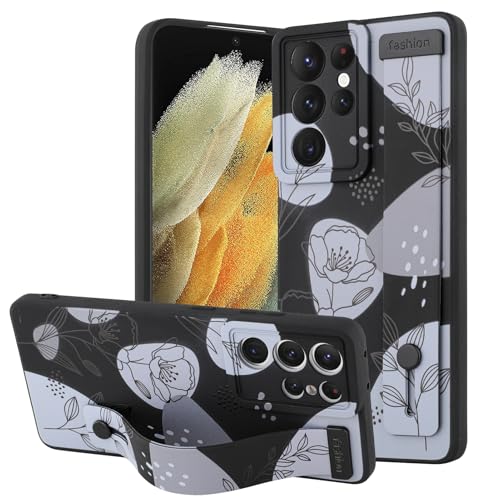 OOK Kompatibel mit Samsung Galaxy S21 Ultra Hülle mit Handschlaufe, Schwarz Blume Blumen TPU Stoßfest Schutz Slim Silikon Blumen Cover mit Kameralinsenschutz für Frauen Mädchen für 6,8 Zoll von OOK