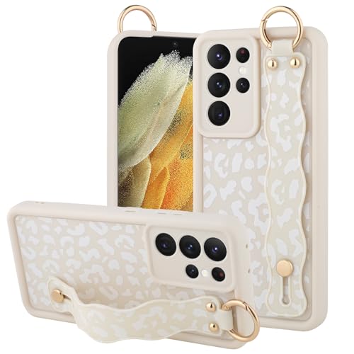 OOK Kompatibel mit Samsung Galaxy S21 Ultra Leopard Hülle mit Handschlaufe, süßes weißes Leopardenmuster, weiches TPU, stoßfester Schutz, schlanke Abdeckung für Frauen und Mädchen, für 6,8 Zoll von OOK