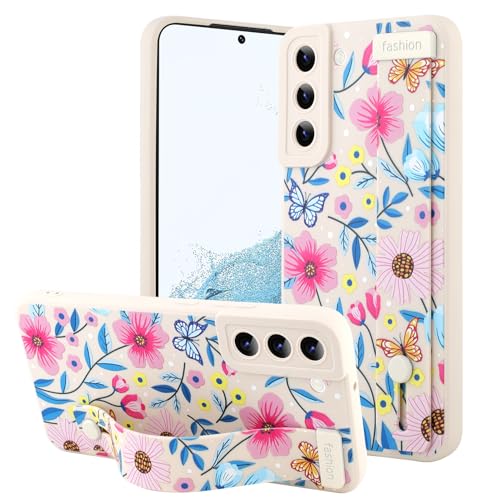 OOK Kompatibel mit Samsung Galaxy S22 Plus Hülle mit Handschlaufe, Blau Blume Silikon Stoßfest Schutzhülle Slim Anti-Scratch Floral Cover für Frauen Mädchen Weiß von OOK