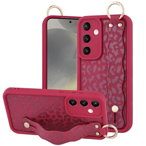 OOK Kompatibel mit Samsung Galaxy S24 5G Leopard Hülle mit Handschlaufe, Weinrot Leopard TPU Stoßfest Schutz Slim Cover mit Kameraschutz für Frauen Mädchen für 6,2 Zoll von OOK