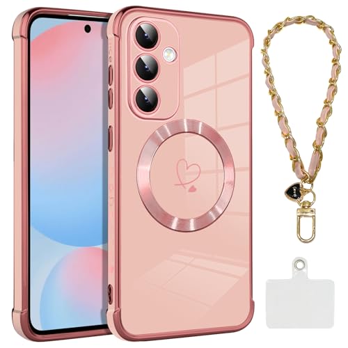 OOK Magnetische Handyhülle für Samsung Galaxy S24 FE [Kabelloses Laden kompatibel] Weiches TPU Herz Design Stoßfest Schutz Galvanisiert Slim Case mit Band Lanyard - Rosa von OOK