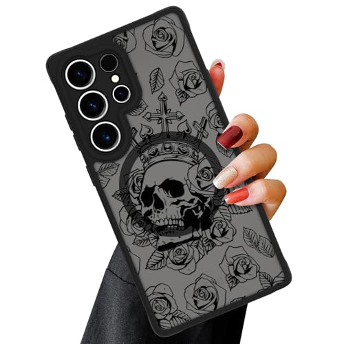 OOK Magnetische Schutzhülle für Samsung Galaxy S25 Ultra, Motiv: schwarzer Totenkopf, Blumenmuster, kompatibel mit MagSafe, schlank, durchscheinend, matt, Kameralinsenschutz für Galaxy S25 Ultra (6,9 von OOK