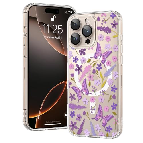 OOK Magnetische Schutzhülle für iPhone 16 Pro, kompatibel mit Magsafe, Hellviolett, Schmetterlings-Design, transparente Hülle mit Vollkamera-Objektiv, für iPhone 16 Pro, Rattan-Schmetterling (6,3 von OOK