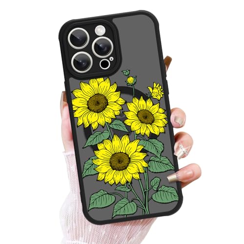 OOK Schwarze Schutzhülle für iPhone 14 Pro Max, kompatibel mit MagSafe, süßes Sonnenblumen-Blumenstrauß-Design, mattiert, stoßfest, für Damen und Mädchen, magnetische Handyhülle, Schwarz von OOK