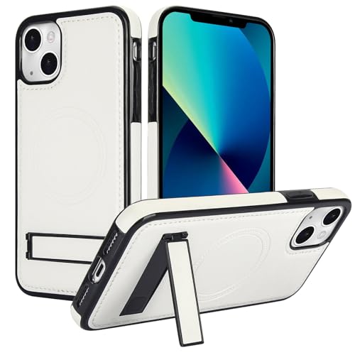 OQQPXIUY Smartphone Back Case Kompatibel mit iPhone 13, PU-Leder Wireless Charging Magnetische Hülle, versteckter Ständer, robuste, stoßfeste 360-Grad-Schutzhülle Cover Bundles(White) von OQQPXIUY