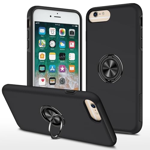 OQQPXIUY Smartphone Back Case Kompatibel mit iPhone 6 Plus Hülle mit drehbarem Ringständer, schlanke, stoßfeste Hartschale, Ganzkörper-Schutzhülle for iPhone 6 Plus Cover Bundles(Black) von OQQPXIUY