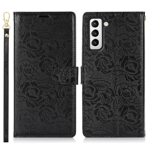 Smartphone-Klapphülle Kompatibel mit Samsung Galaxy S21 Plus Wallet Case, PU-Leder, magnetisches Flip-Folio-Case mit Kartenhaltern, Kickstand und Lanyard, stoßfeste TPU-Innenschale Klapphüllen(Black) von OQQPXIUY