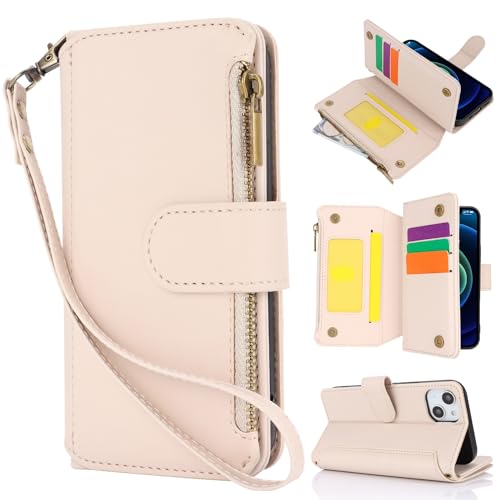 Smartphone-Klapphülle Kompatibel mit iPhone 13 Mini Wallet Case, PU-Leder, magnetisches Flip-Folio-Case mit Handschlaufe, Reißverschluss/Kartenhalter/Schultergurt, stoßfeste TPU-Schutzhülle Klapphülle von OQQPXIUY