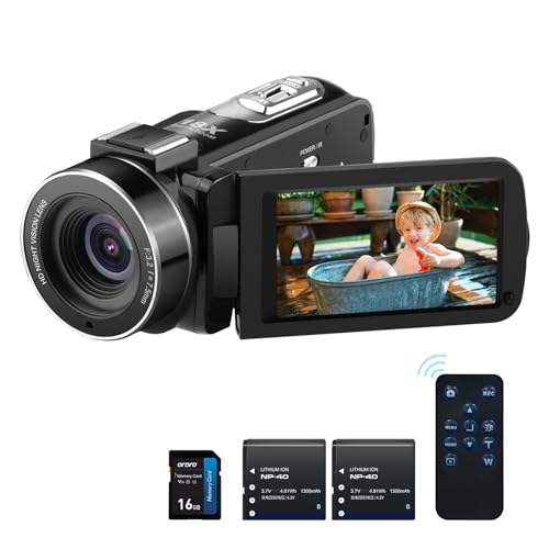 ORDRO B320 1080P Camcorder mit 16GB Karte, 18X Digitalzoom, Nachtsicht, 270° Drehbarer Touchscreen, Full HD 1080P 30MP Kamera, 2 Batterien Schwarz von ORDRO