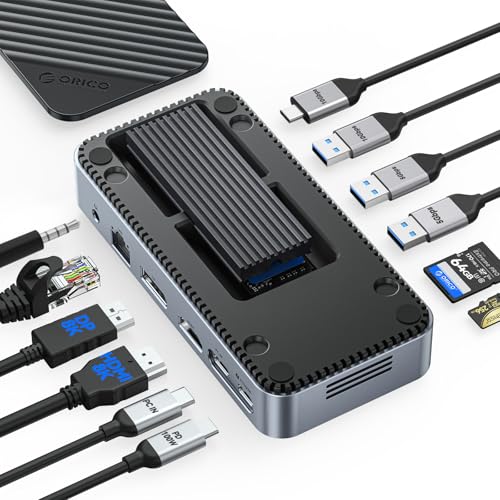 ORICO 12-in-1 USB C Hub mit M.2 SSD Gehäuse, Werkzeugfreie USB C Dockingstation mit Lüfter, HDMI, DP, Gigabit Ethernet, 100W PD, SD/TF, Audio/Mic, 10Gbps USB A & USB C & 2 * 5Gbps USB A -M2P11 von ORICO