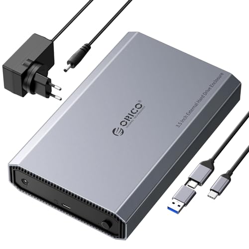 ORICO Aluminium Festplattengehäuse 3,5 Zoll USB C 3.2 6Gbps Externes HDD Gehäuse für 2,5"/ 3,5" SATA HDD SSD Maximal 20 TB mit USB C/A 2-in-1 Kabel, Unterstützt UASP,12 V/ 2A Netzteil (DD35C3) von ORICO