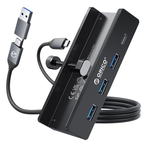 ORICO USB Hub, Aluminum USB 3.0 Hub Clip mit 5V Stromversorgungsanschluss, 5Gbps 4 Port USB Verteiler mit 3 USB-A 3.0 und 1 USB-C 3.0, 100cm Kabel (C auf A/C), für Monitoren, Schreibtischen, Schwarz von ORICO