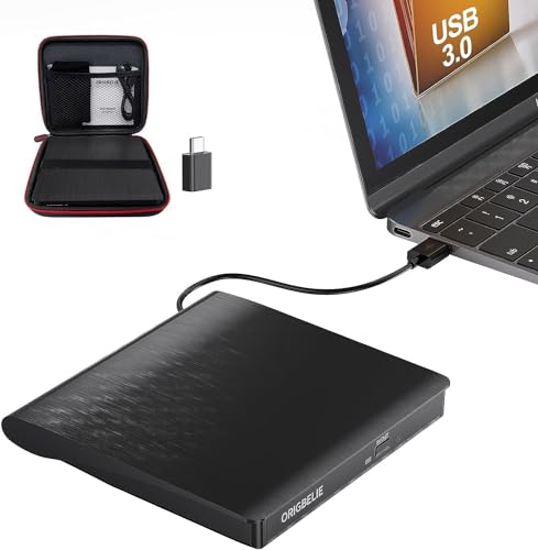 ORIGBELIE Externes DVD Laufwerk, USB 3.0 Externer DVD Brenner +/-RW CD ROM Externe Optische Laufwerke, Externes CD Laufwerk für Laptop Desktop PC Mac Windows 11/10/8/7/XP Linux OS mit Tragetasche von ORIGBELIE