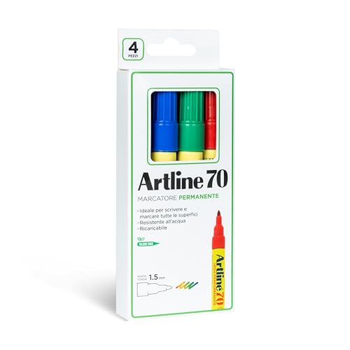 Artline 70, 4 nachfüllbare Filzstifte für alle Oberflächen - Grün, Rot, Blau und Schwarz von OSAMA