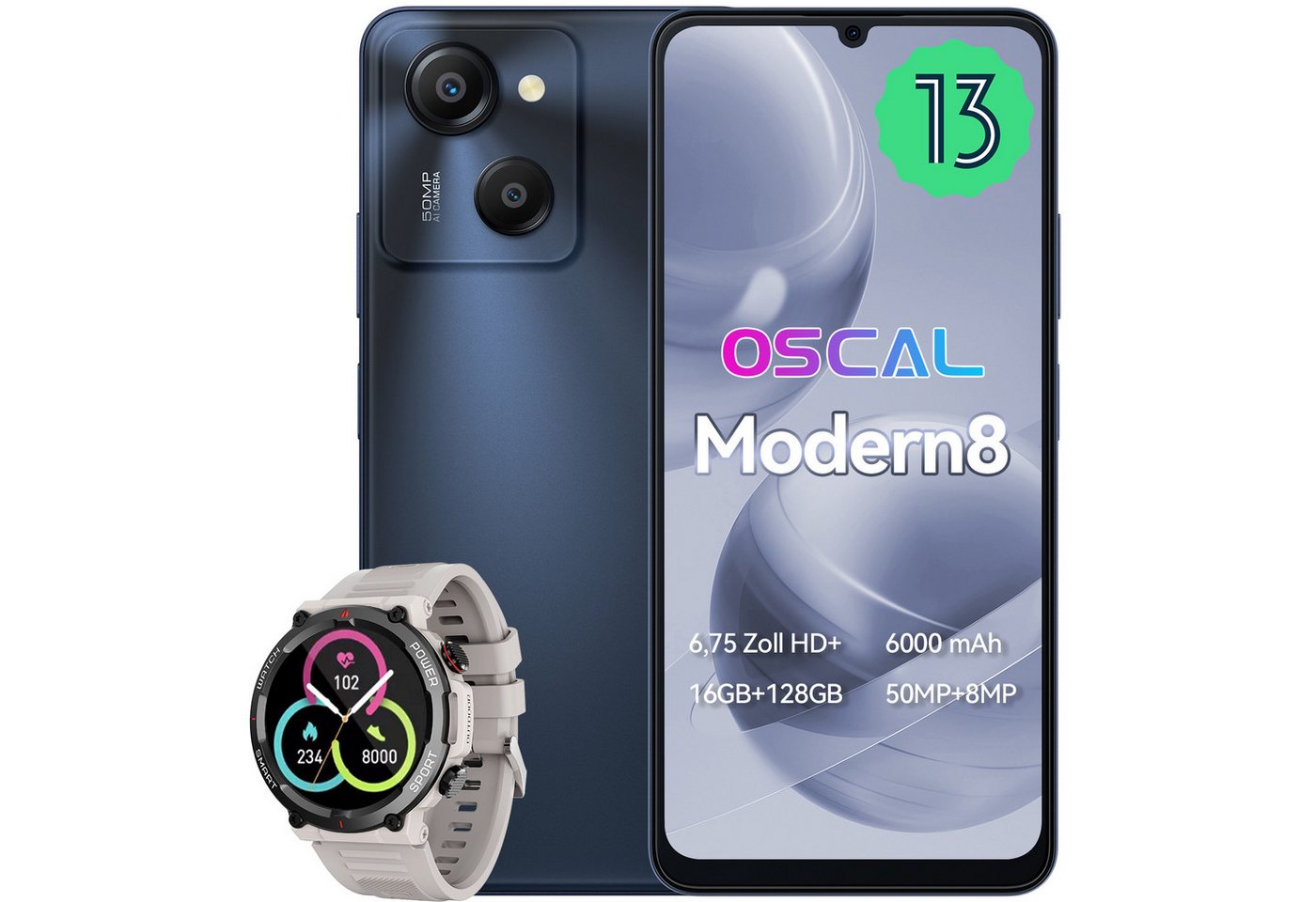 OSCAL MODERN8+W50 Smartphone (6.75 Zoll, 50 MP Kamera, Fingerabdruck, 4G Dual SIM) von OSCAL