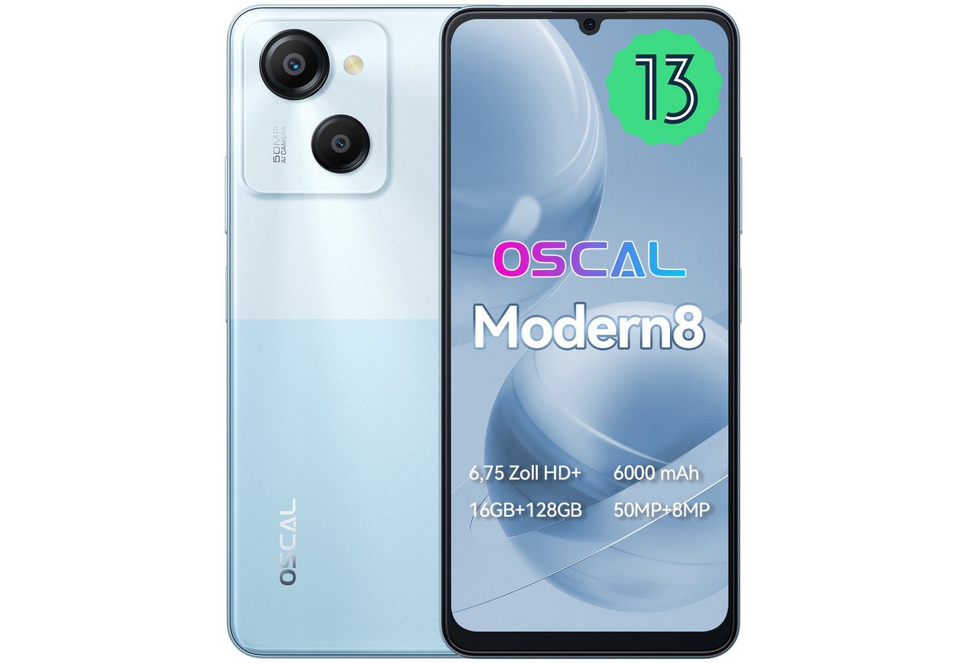 OSCAL MODERN8 Smartphone (6.75 Zoll, 128 GB Speicherplatz, 50 MP Kamera, Fingerabdruck, 4G Dual SIM) von OSCAL