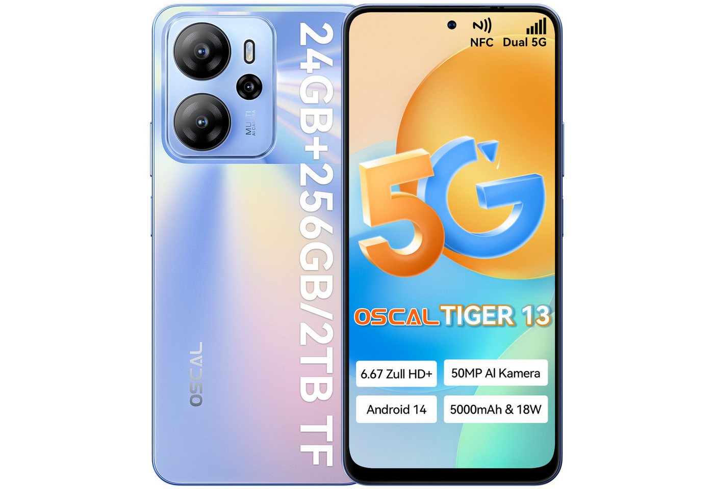 OSCAL Tiger 13 Smartphone (6.67 Zoll, 50 MP Kamera, 5G Dual-SIM, 50 MP AI-Kamera, 180 Hz Touch-Abtastrate, Android 14) von OSCAL